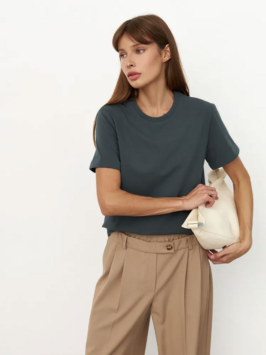 Solid Color Round Neck Loose Short Sleeves Top