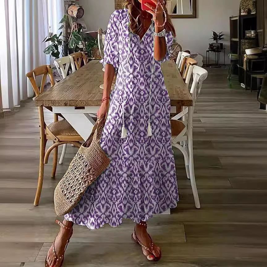 V-Neck Print Mid Sleeves Long Dresses