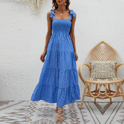 Ruffle Print Sleeveless String Strap Dress