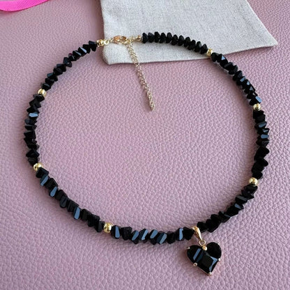 Crystal Beaded Heart Pendant Choker Necklace