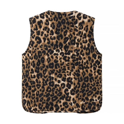 Corduroy Leopard Bow Casual Padded Vest