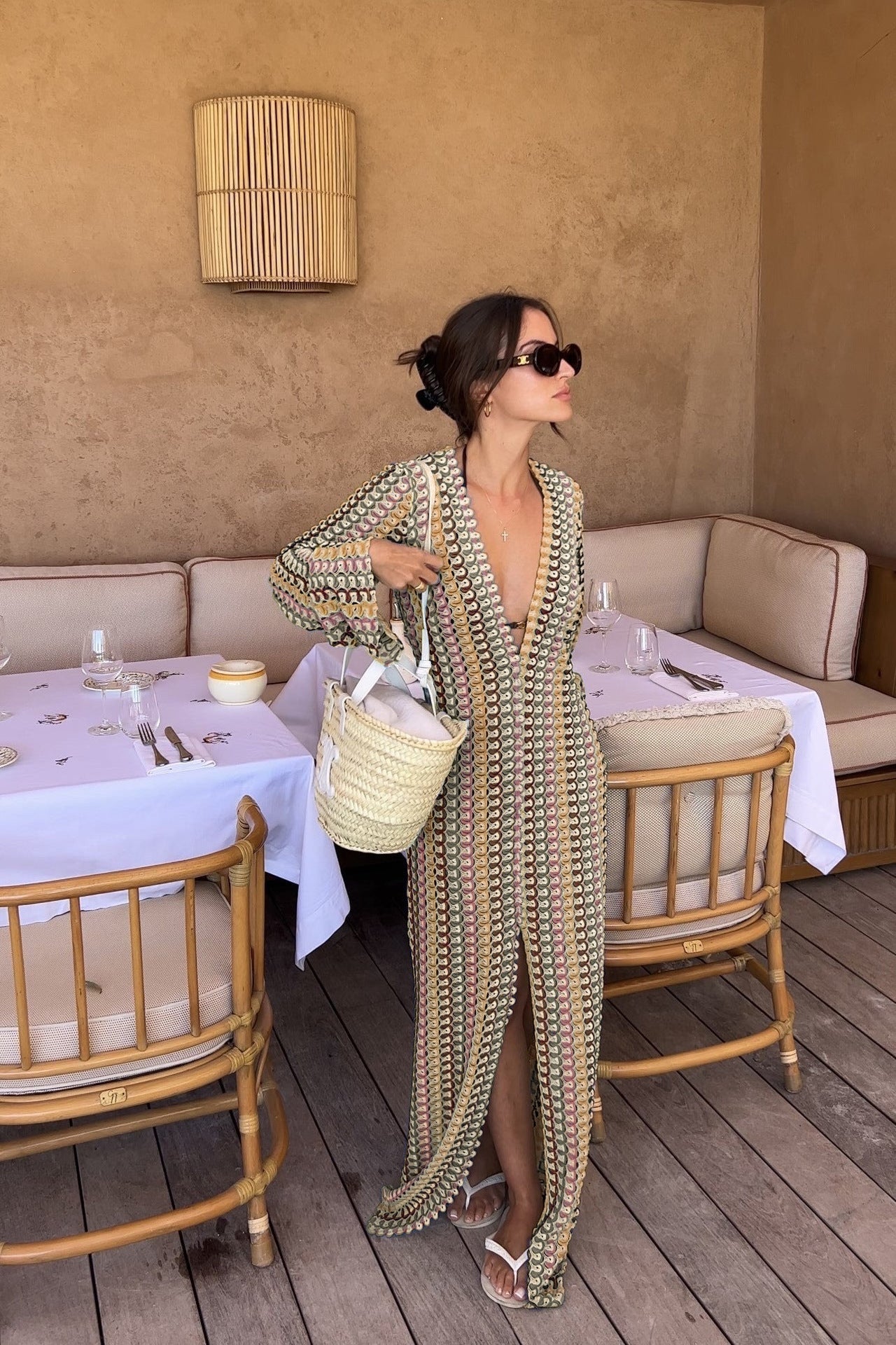 Hollow Out V-Neck Split Slim Sexy Cover Up