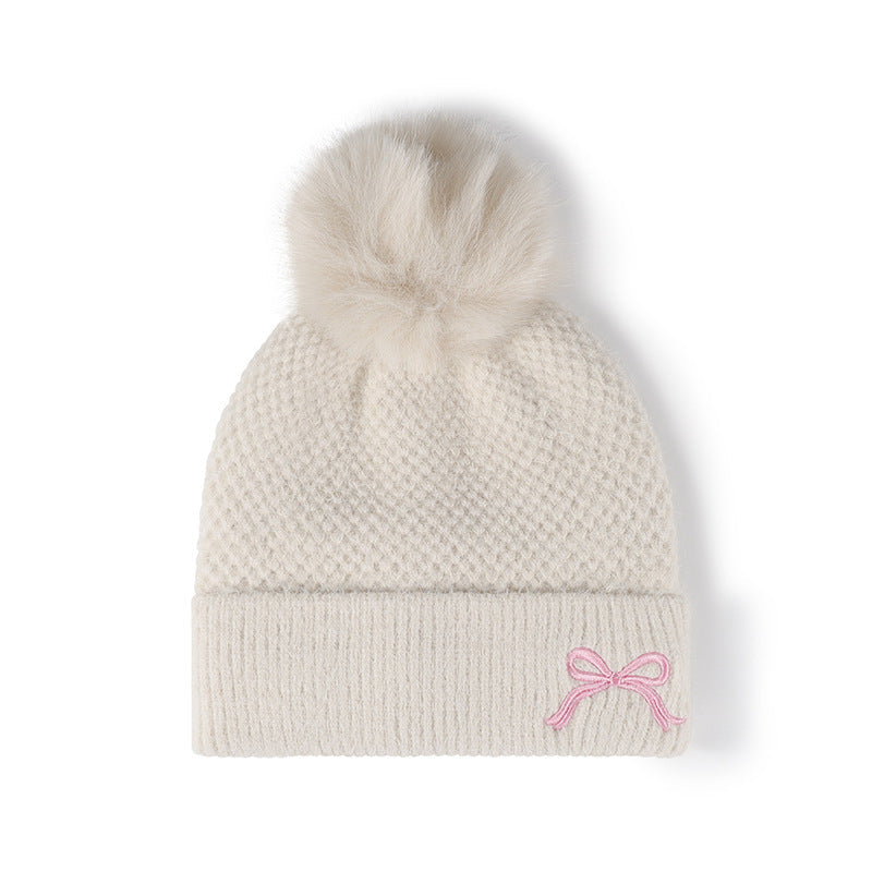 Cute Bow Embroidery Pom Pom Thicken Beanie