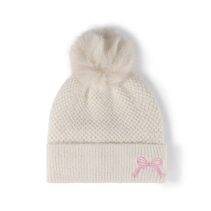 Cute Bow Embroidery Pom Pom Thicken Beanie