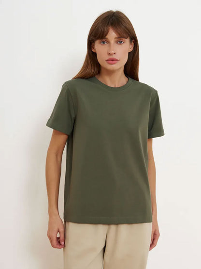 Solid Color Round Neck Loose Short Sleeves Top