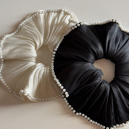 Elegant Satin Chiffon Pearl Embedded Hair Scrunchies