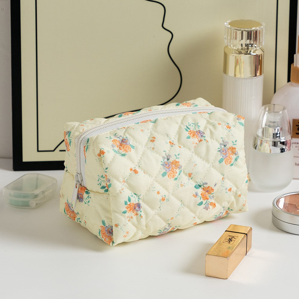 Floral Print Square Quilted Makeup Bag