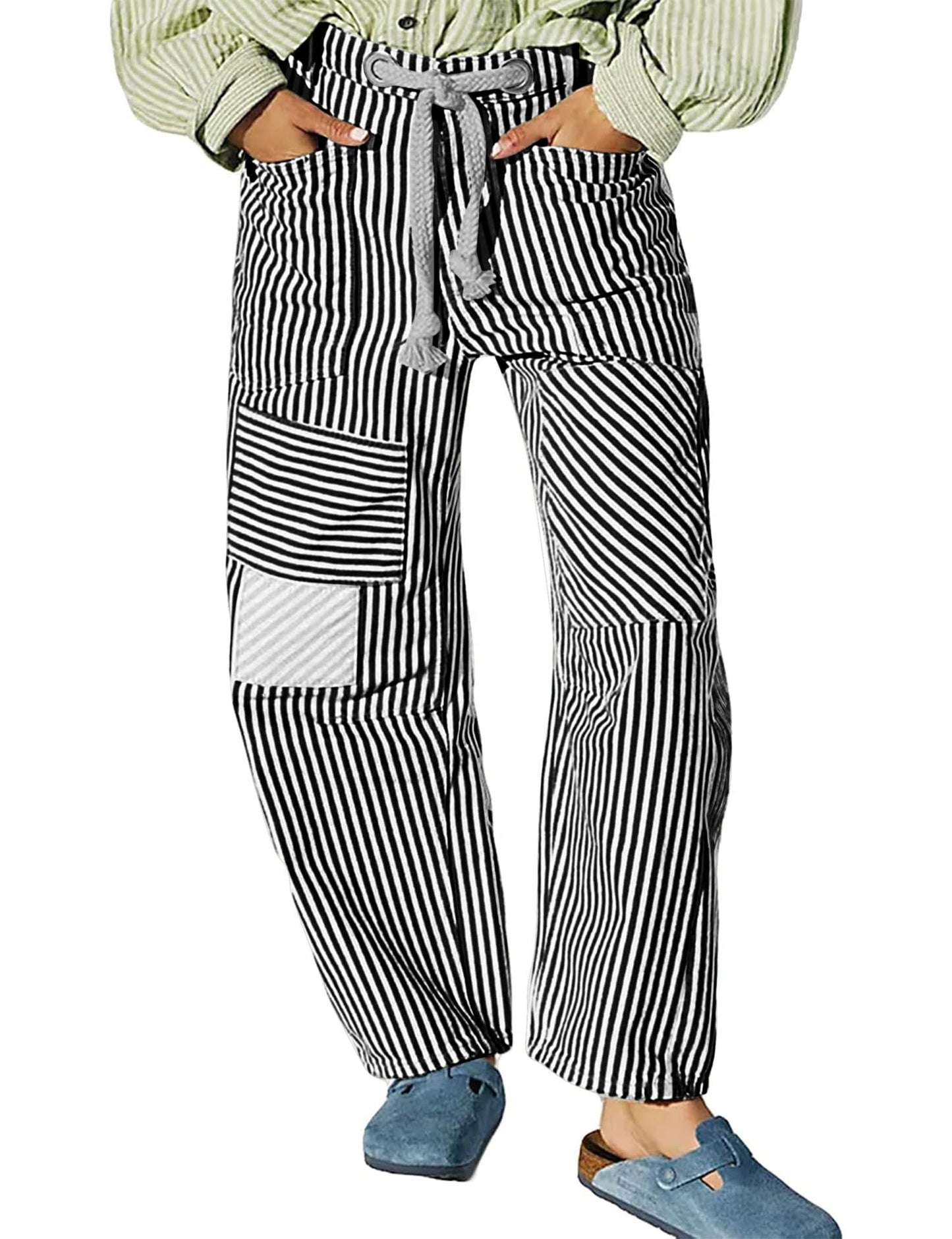 Casual Splice Striped Drawstring Wide Leg Pants