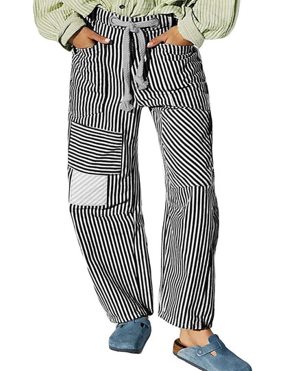 Casual Splice Striped Drawstring Wide Leg Pants