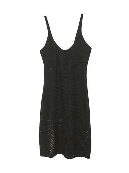 Solid Color Hollow Out Knitted Midi Dress