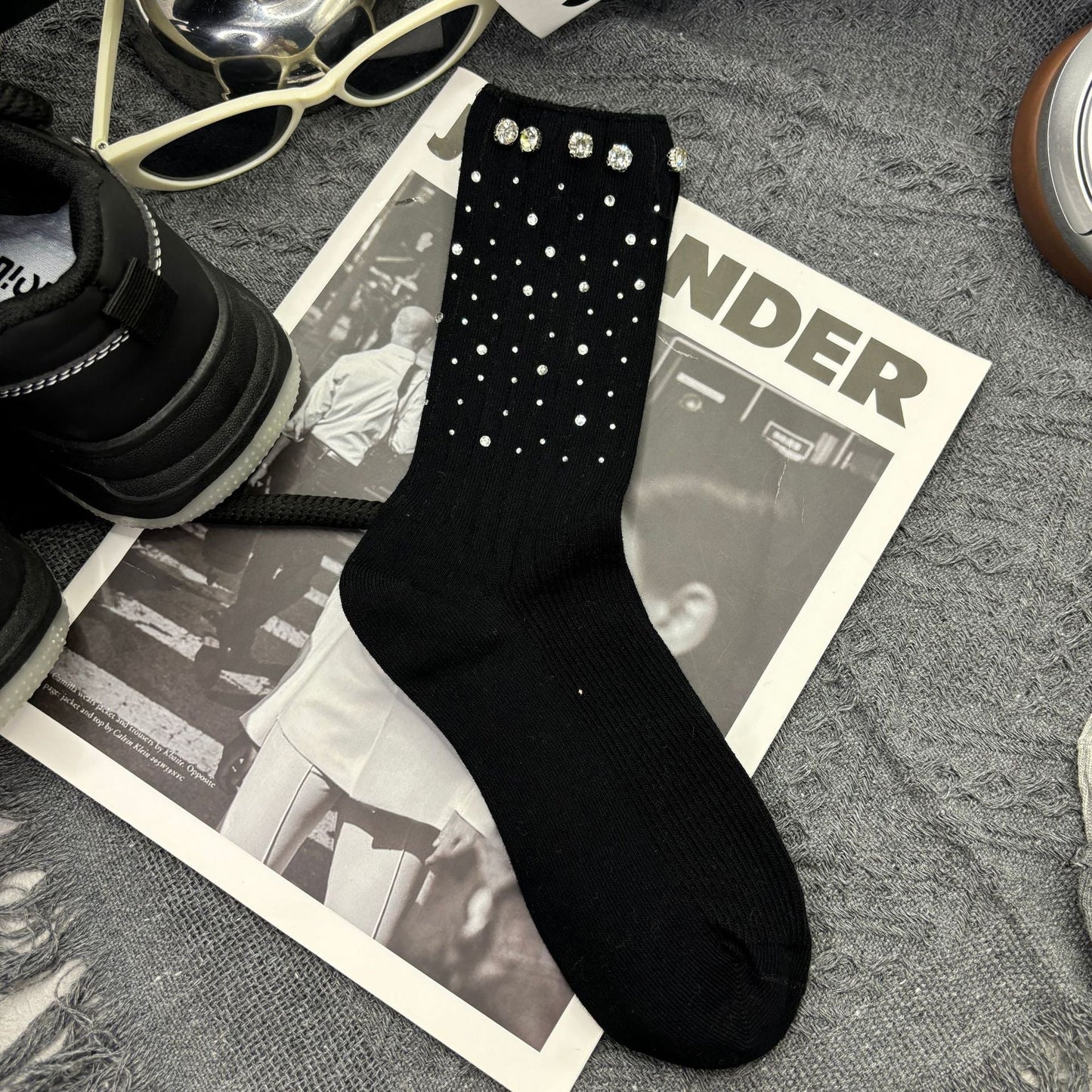 Rhinestone Ribbed Sweet Cotton Socks