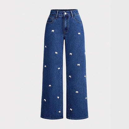 High Waist Washed Bow Loose Jeans