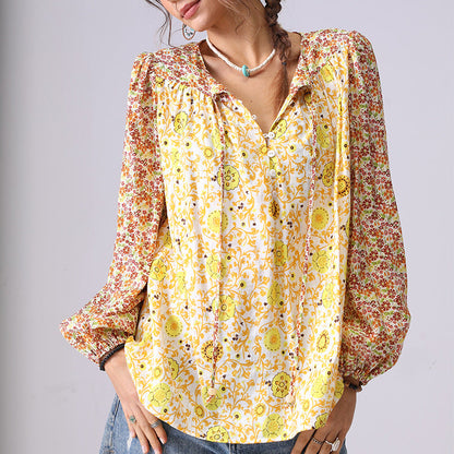 Vintage Floral Print Button Loose Top