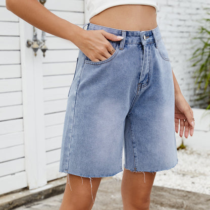 Washed Raw Hem Demin Bermuda Shorts