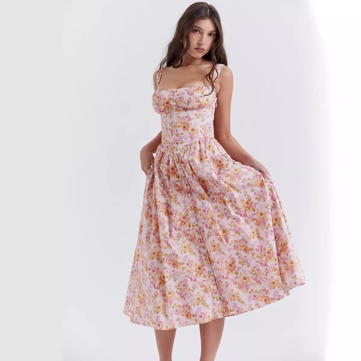 Flower Print Low Collar Spaghetti Midi Dress