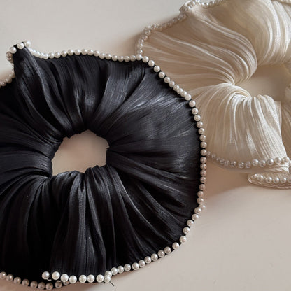 Elegant Satin Chiffon Pearl Embedded Hair Scrunchies