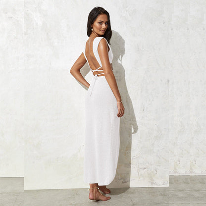 Solid Color V-Neck String Tie Swim Cover Up Set