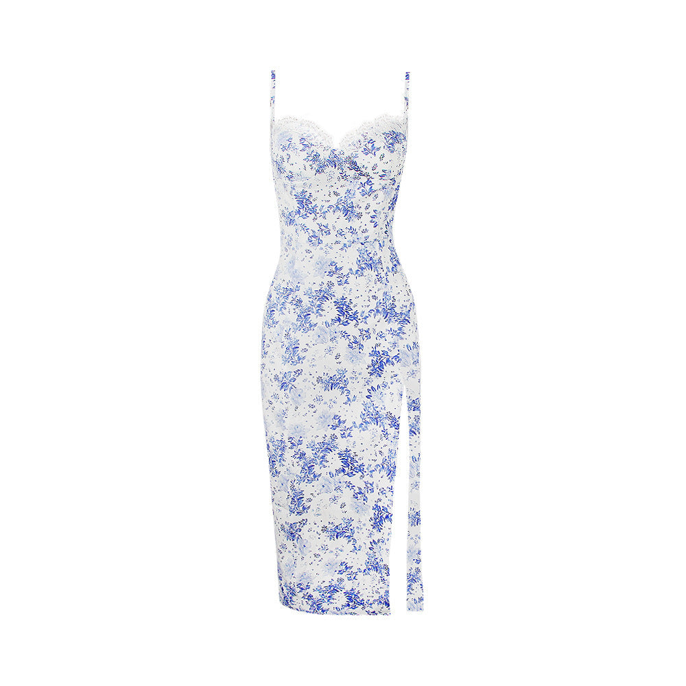 Floral Slim Backless Split Spaghetti Midi Dress