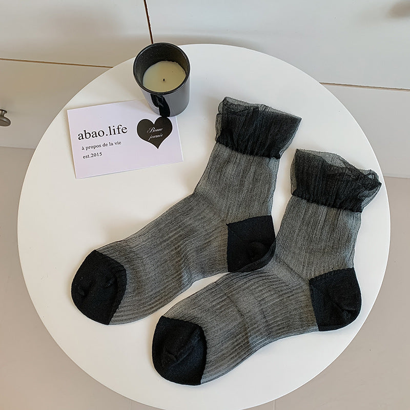 Solid Color Sheer Glass Silk Lace Socks