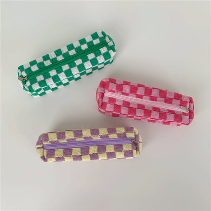 Simple Plaid Color Block Knit Make Up Bag