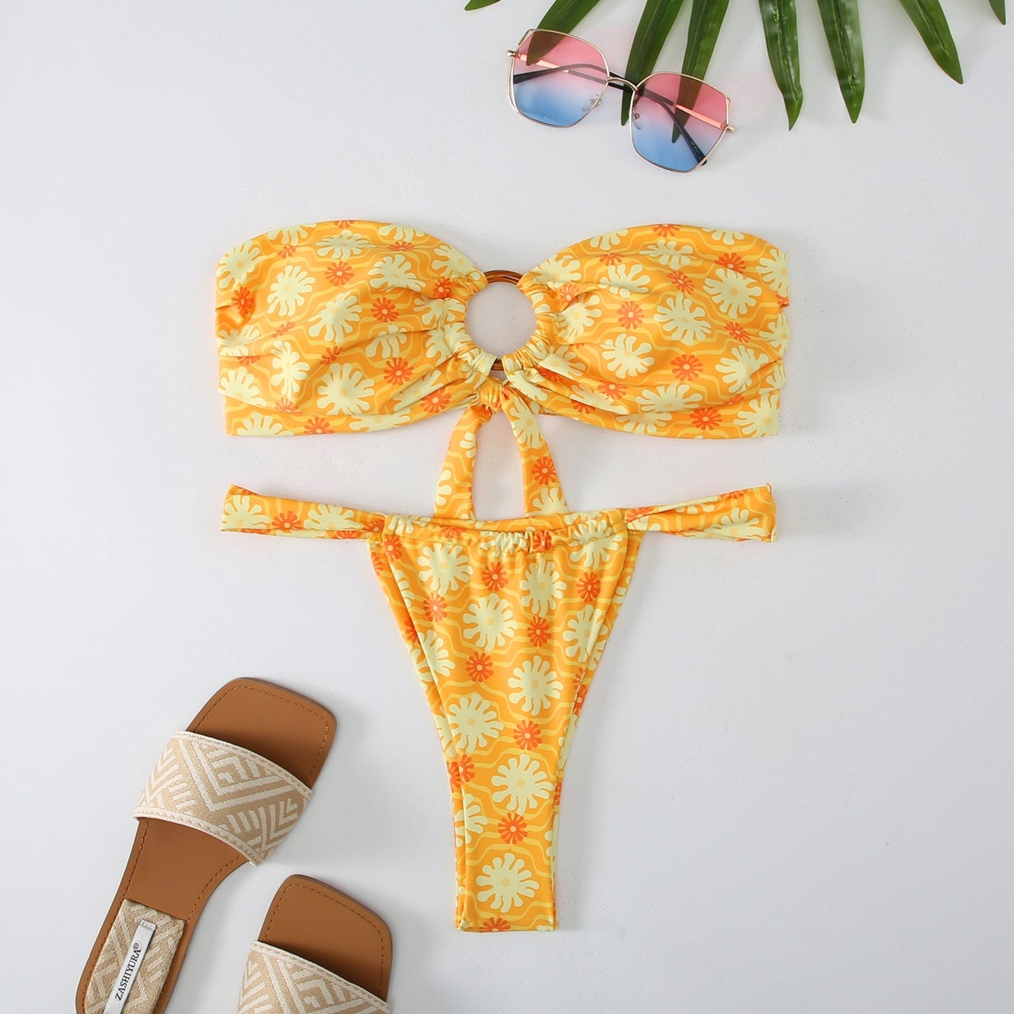 2PCS Flower Print Strapless Sexy Swimwear
