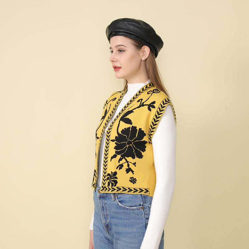 Sexy Jacquard Sleeveless Open Front Knit Vest