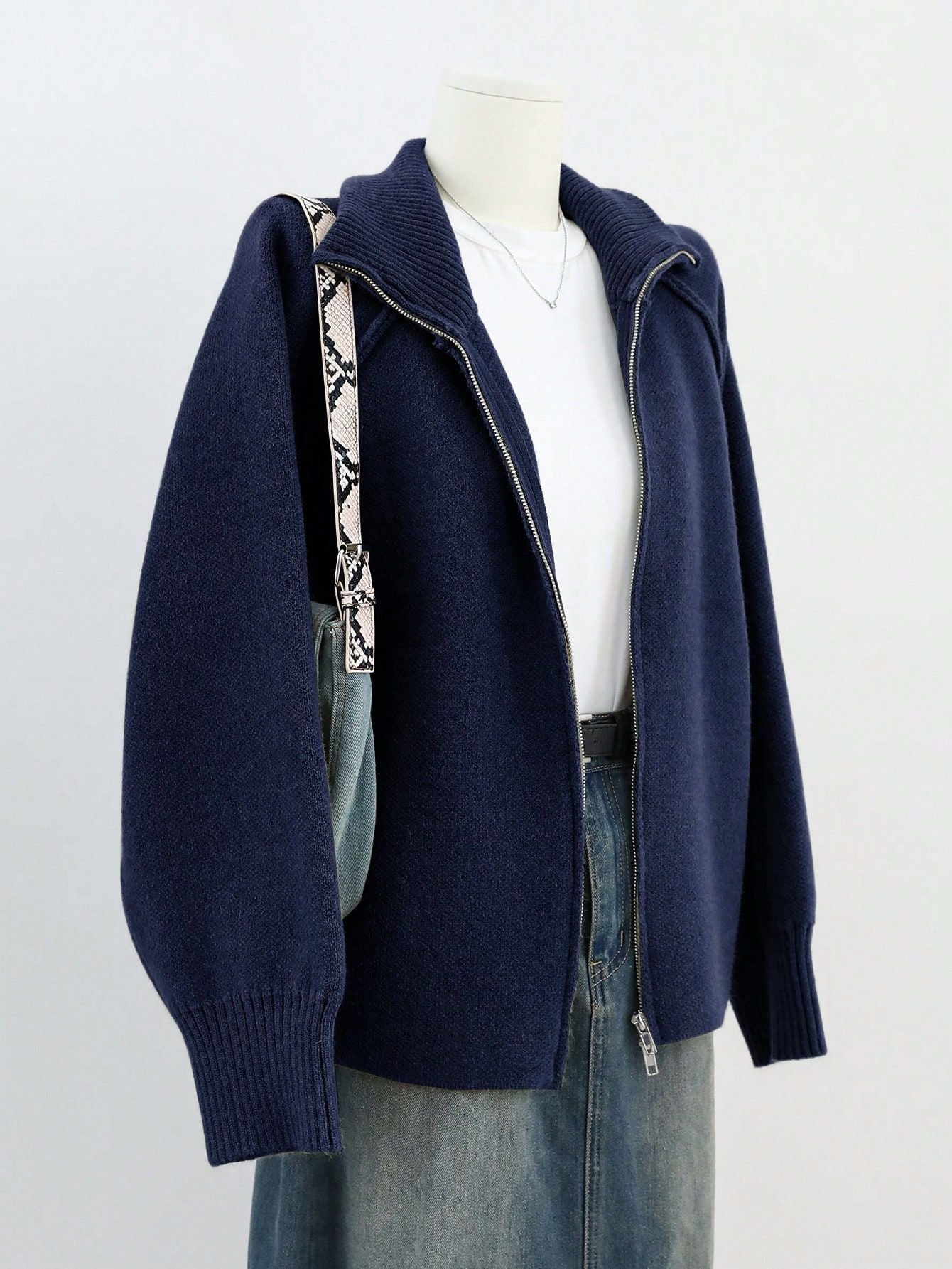 Solid Color High Neck Zip-Up Knit Cardigan