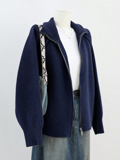 Solid Color High Neck Zip-Up Knit Cardigan
