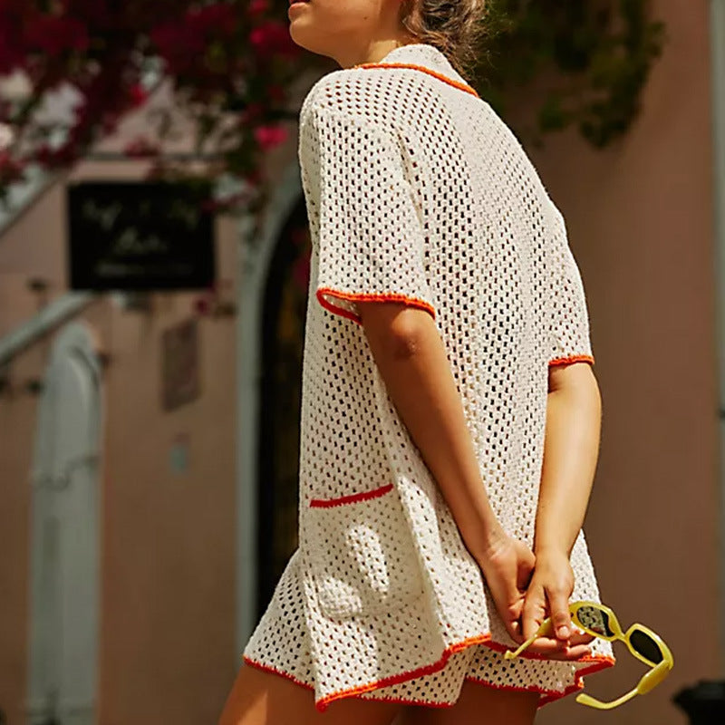 Color Block Lapel Button Down Short Knit Sets