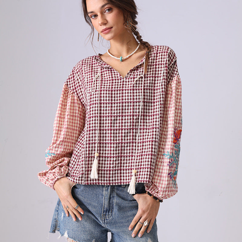 Floral Embroidered Plaid String Top