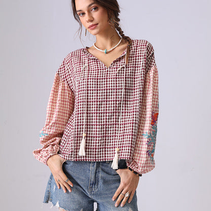Floral Embroidered Plaid String Top