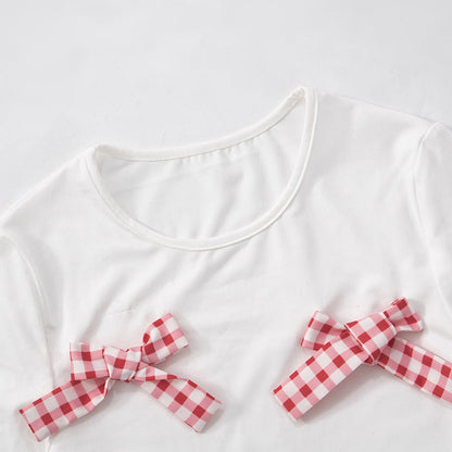Cute Bow Top Plaid Puffy MIni Skirt Set