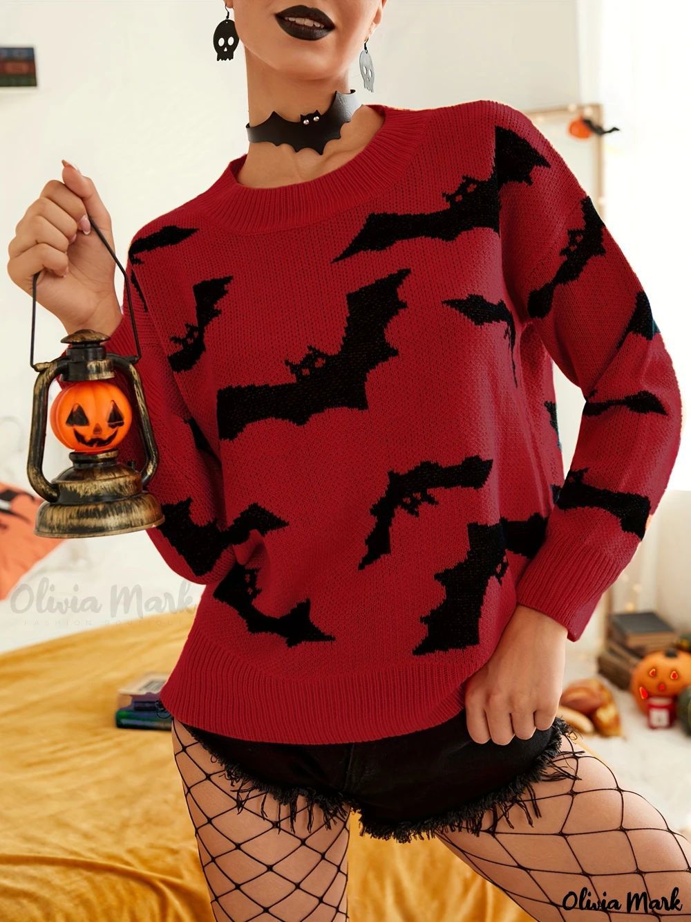 Halloween Bat Jacquard Pullover Sweater