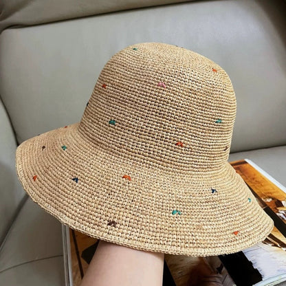 Simple Colorful Dots Raffia Straw Bucket Hat