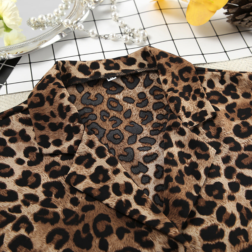 Leopard Print Lapel  Sleepwear Sets