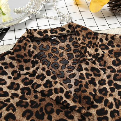 Leopard Print Lapel  Sleepwear Sets