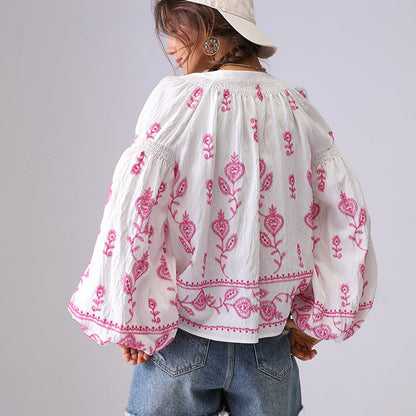 Floral Embroidered Loose Button Shirt