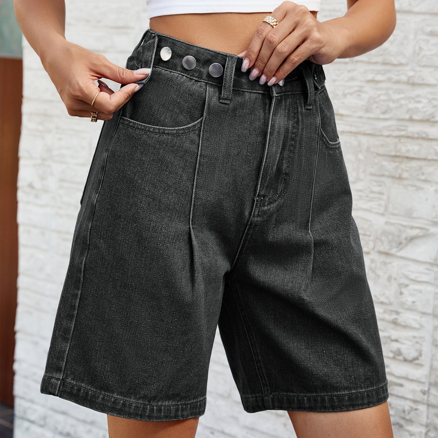 Casual Washed High Waist Bermuda Shorts