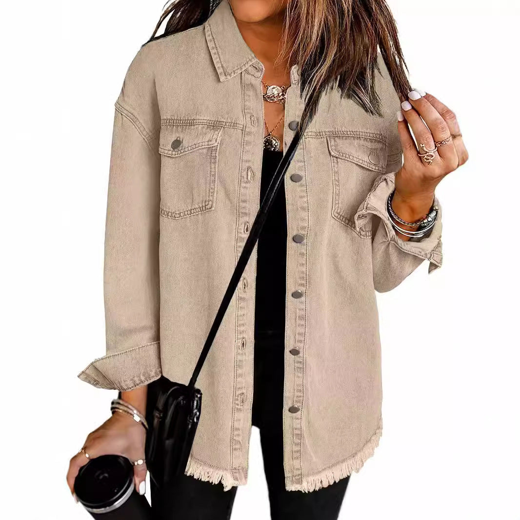 Trendy Washed Long Sleeve Frayed Hem Jacket