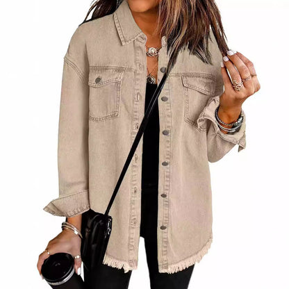 Trendy Washed Long Sleeve Frayed Hem Jacket