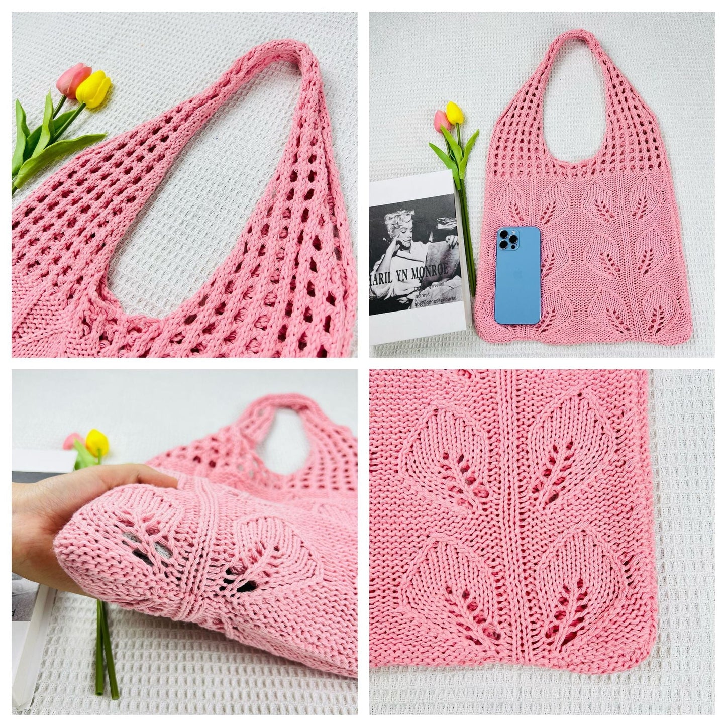 Solid Color Hollow Out Knit Shoulder Tote Bag
