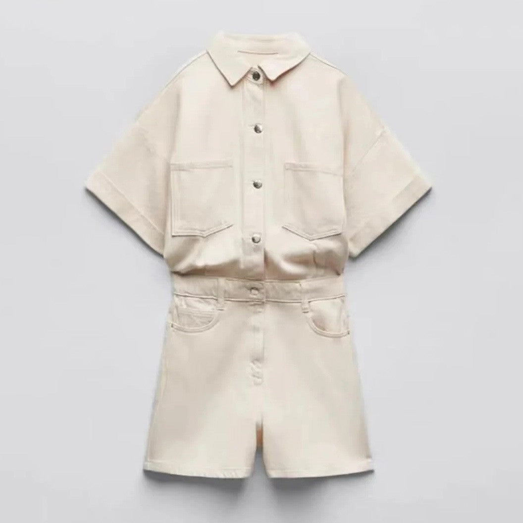 Casual Solid Color Denim Short Romper