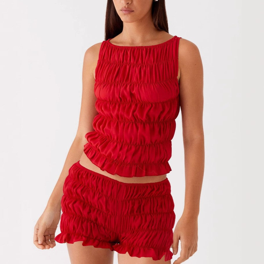 Casual Sleeveless Ruched Crop Top Shorts Set