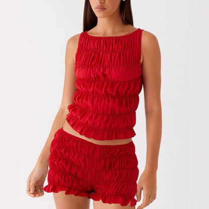 Casual Sleeveless Ruched Crop Top Shorts Set
