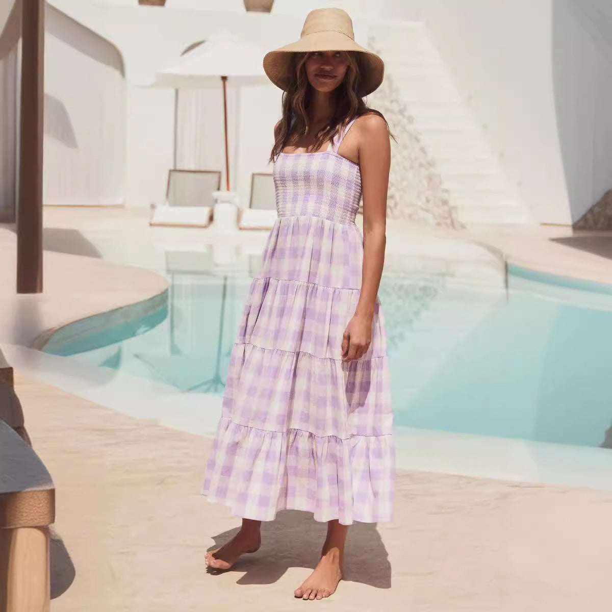 Plaid Color Block Ruffle Sleeveless Dress