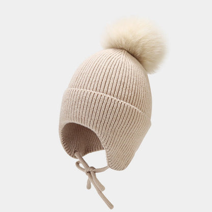 Solid Color String Tie Knit Pom Beanie