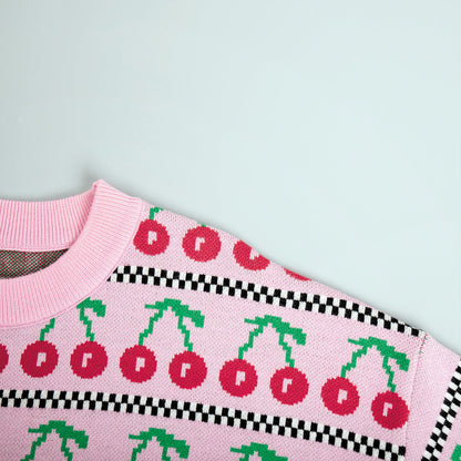 Cherry Print Contrast Color Sweater