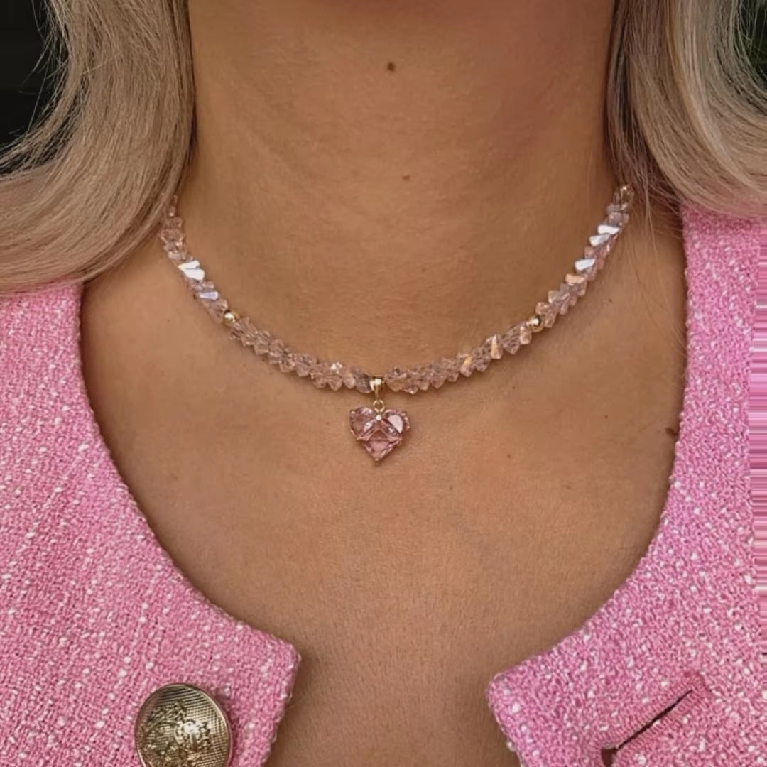 Crystal Beaded Heart Pendant Choker Necklace