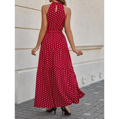Elegant Polka Dot Tie Waist Halter Dress