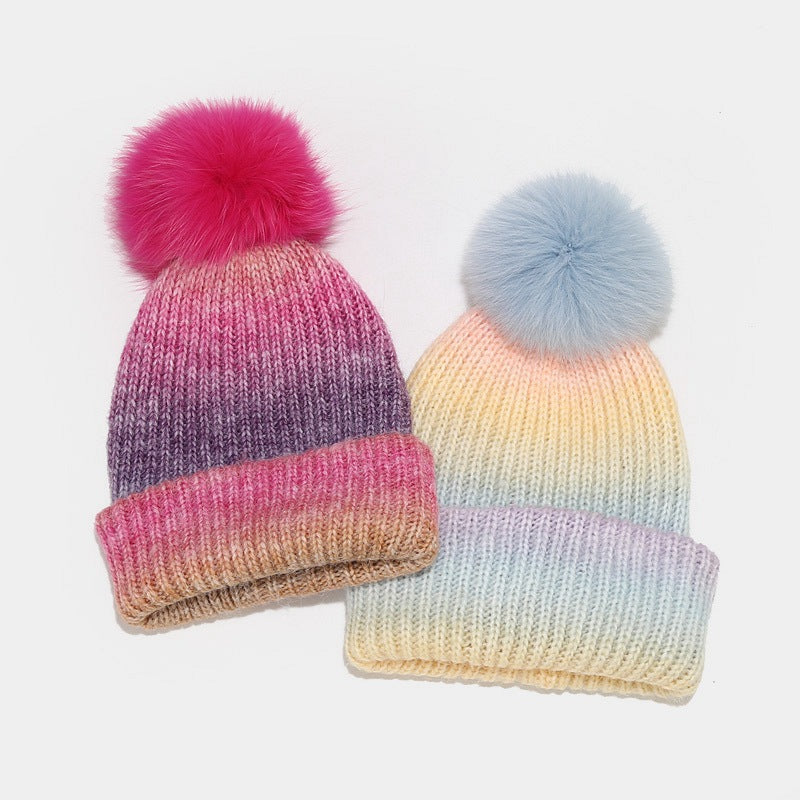 Gradient Contrast Color Cute Knit Pom Beanie